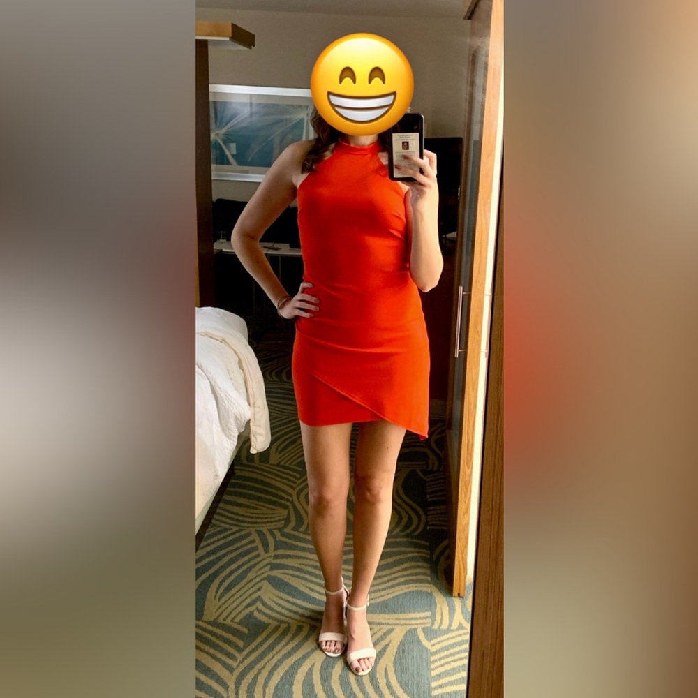 Lulu's Coral Red Ruched Bodycon Halter Dress